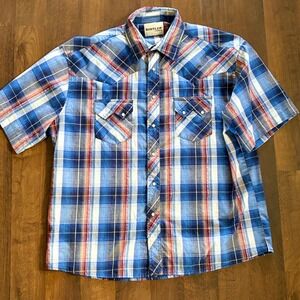 Rustler by‎ Wrangler Mens Blue Plaid Short Sleeve Western Pearl Snap Shirt XL